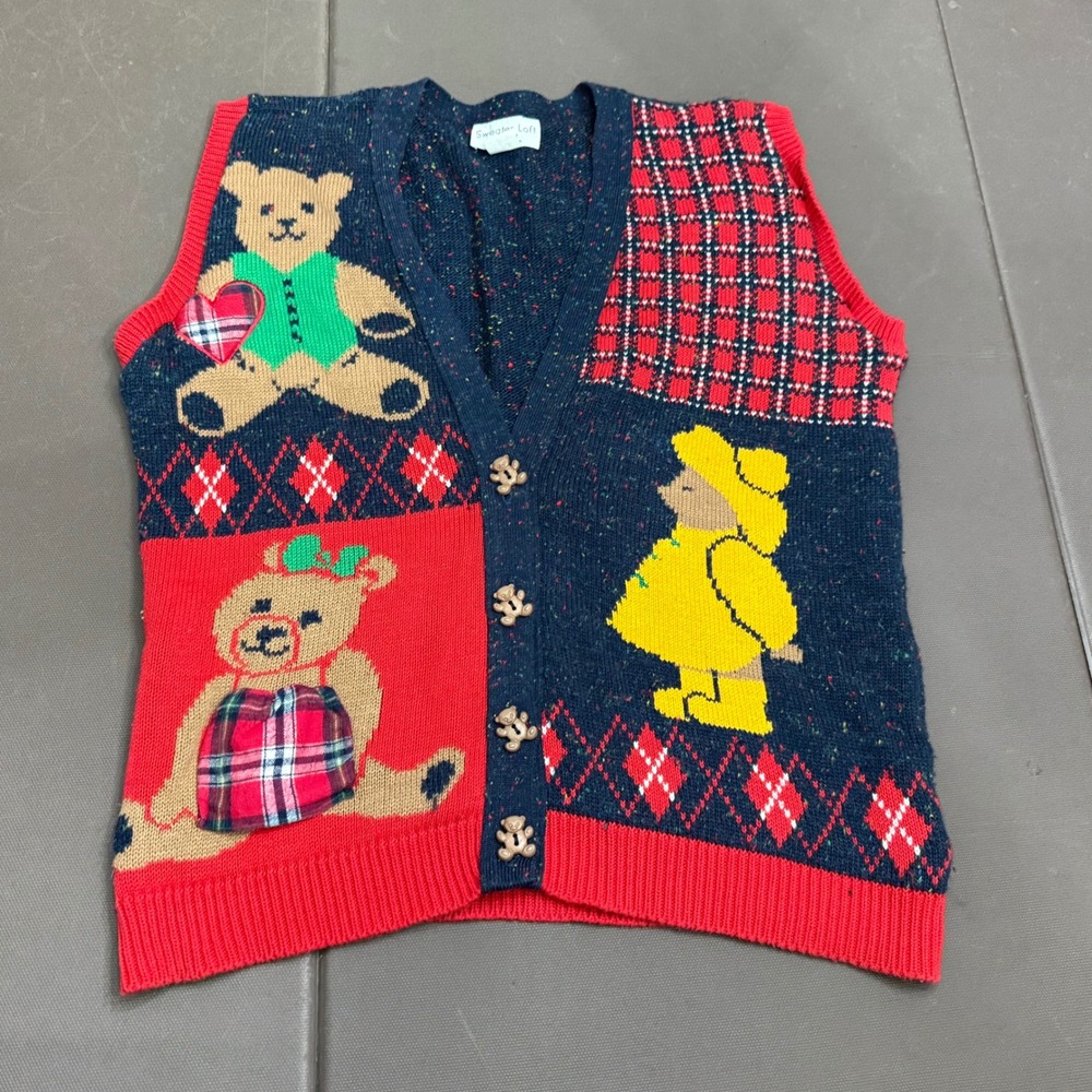 Vtg Sweater Loft Woman Teddy Bear Cardigan Vest Navy Red Argyle Medium USA Xmas